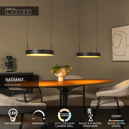 Lucide RADIANT - Suspension - LED Dim. - CCT - 2x38W 2200K/3000K - Noir - Vibes - USP